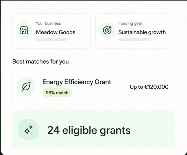 GrantFinder results screen showing matched grants